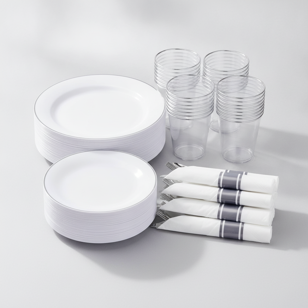 Stack of white silver-rim plastic plates with cups and pre-rolled silver cutlery