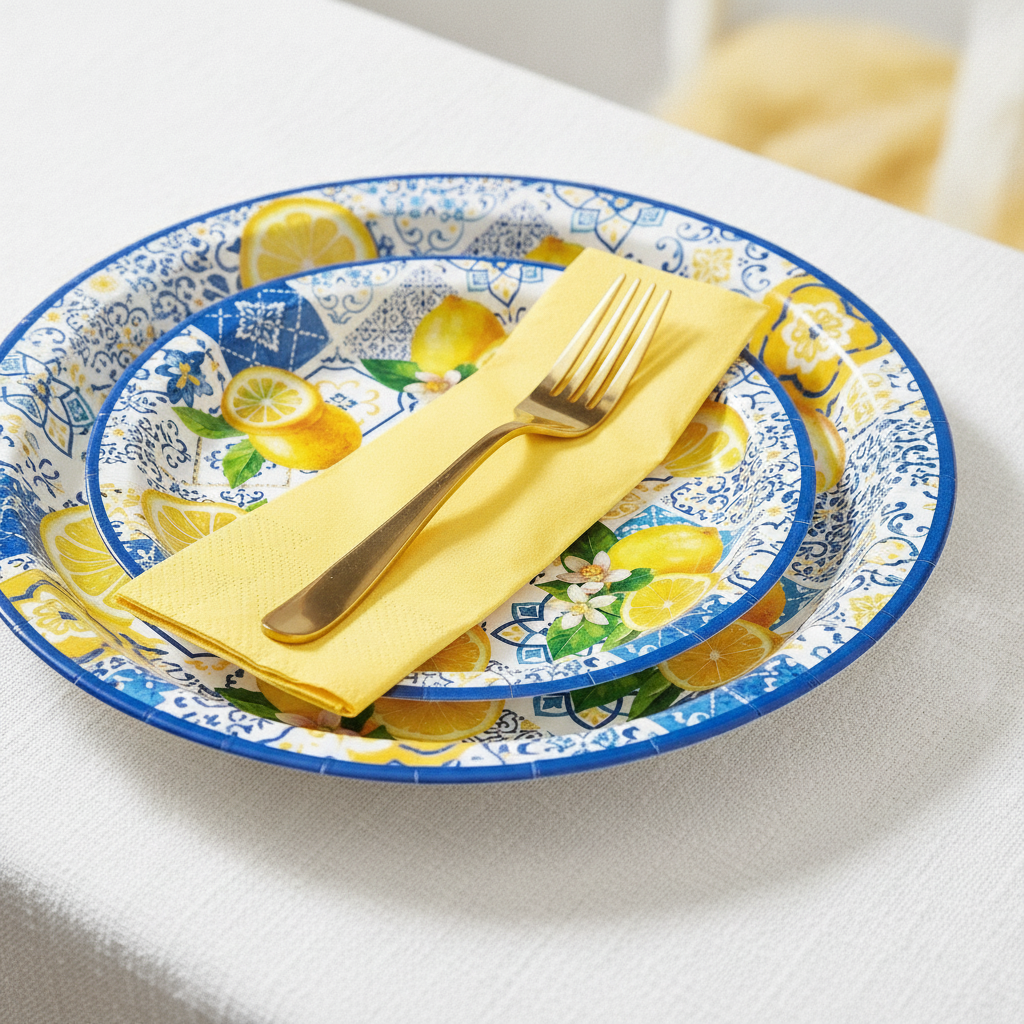 Stacked lemon-print party plates with yellow napkin and gold fork