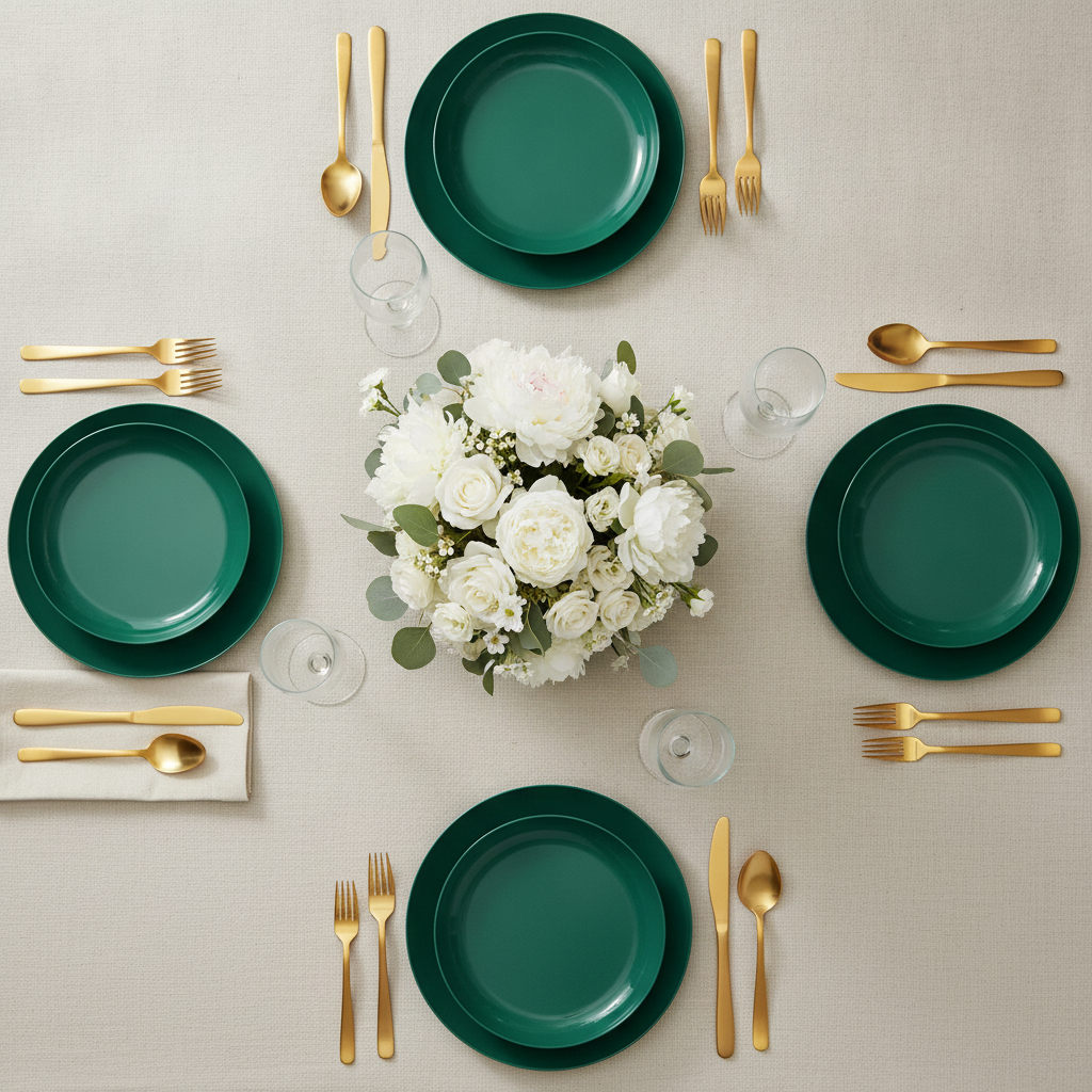 Overhead garden dinner party tablescape with forest green plates gold flatware and white florals