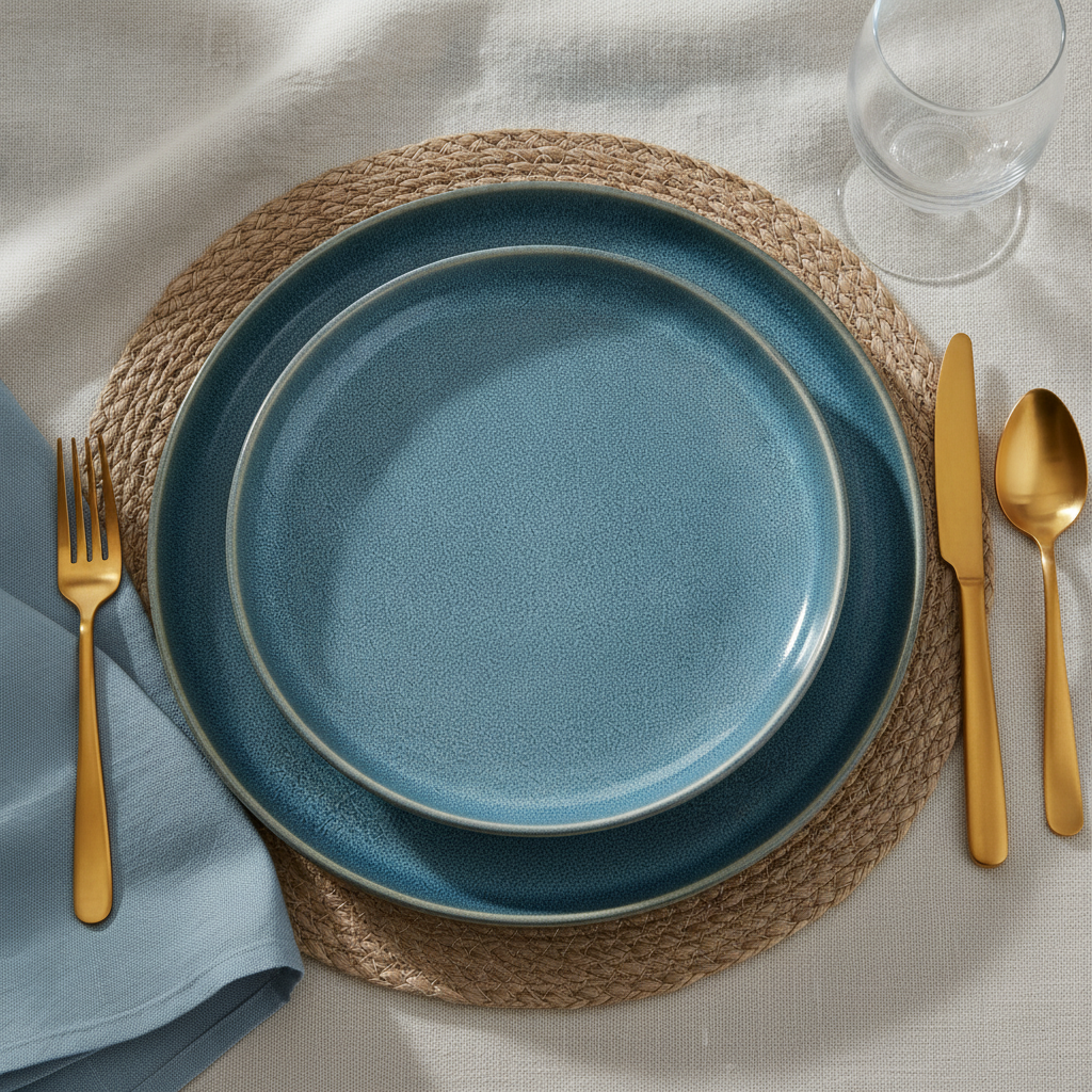 Single Mediterranean blue reactive-glaze stoneware dinner plate place setting with gold flatware and woven placemat