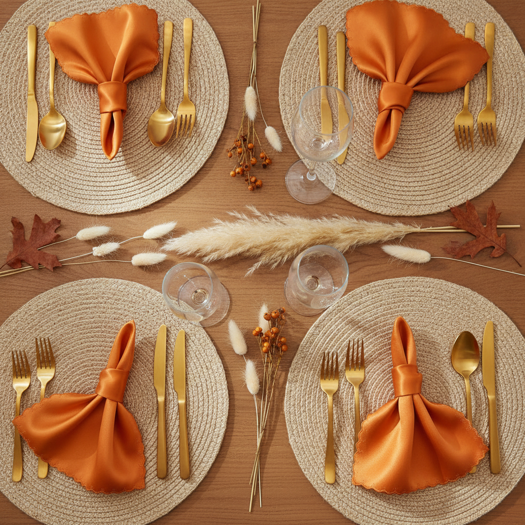 Burnt orange satin napkins styled autumn tablescape flat lay with gold cutlery