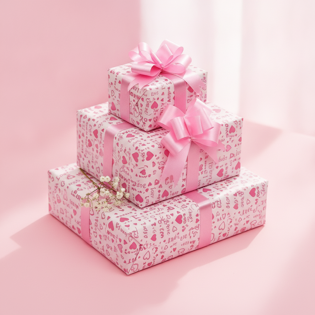 Three presents wrapped in pink heart-and-love paper with pink pull bows stacked