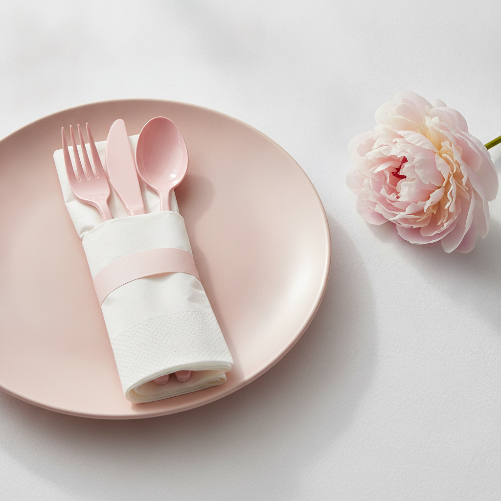 Single pre-rolled pink cutlery and white napkin set on a blush plate bridal shower setting