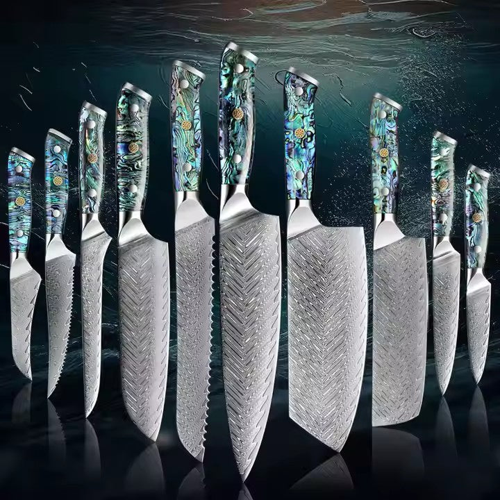 Damascus-Pattern Kitchen Knife with Abalone-Resin Handle