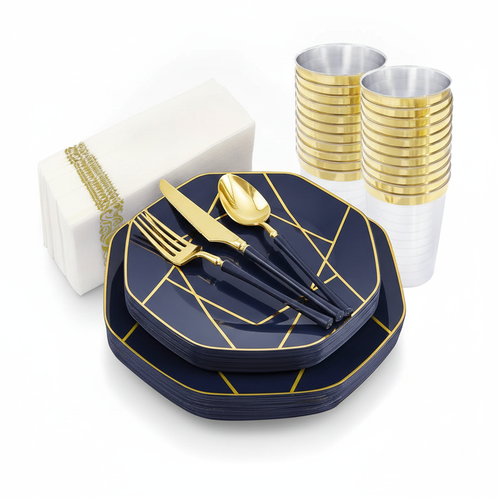 Navy octagonal gold-trim plastic plates fanned in a stack with gold cutlery on a white background