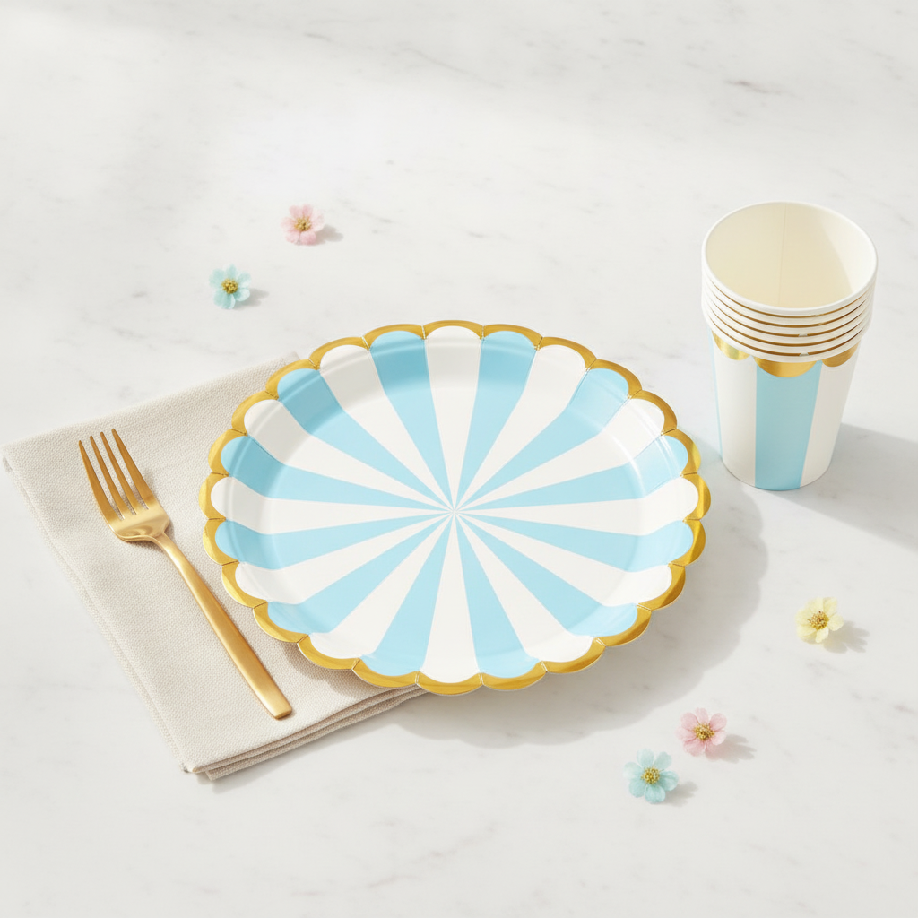 Pastel blue striped scalloped paper plate and cup place setting with gold fork on marble