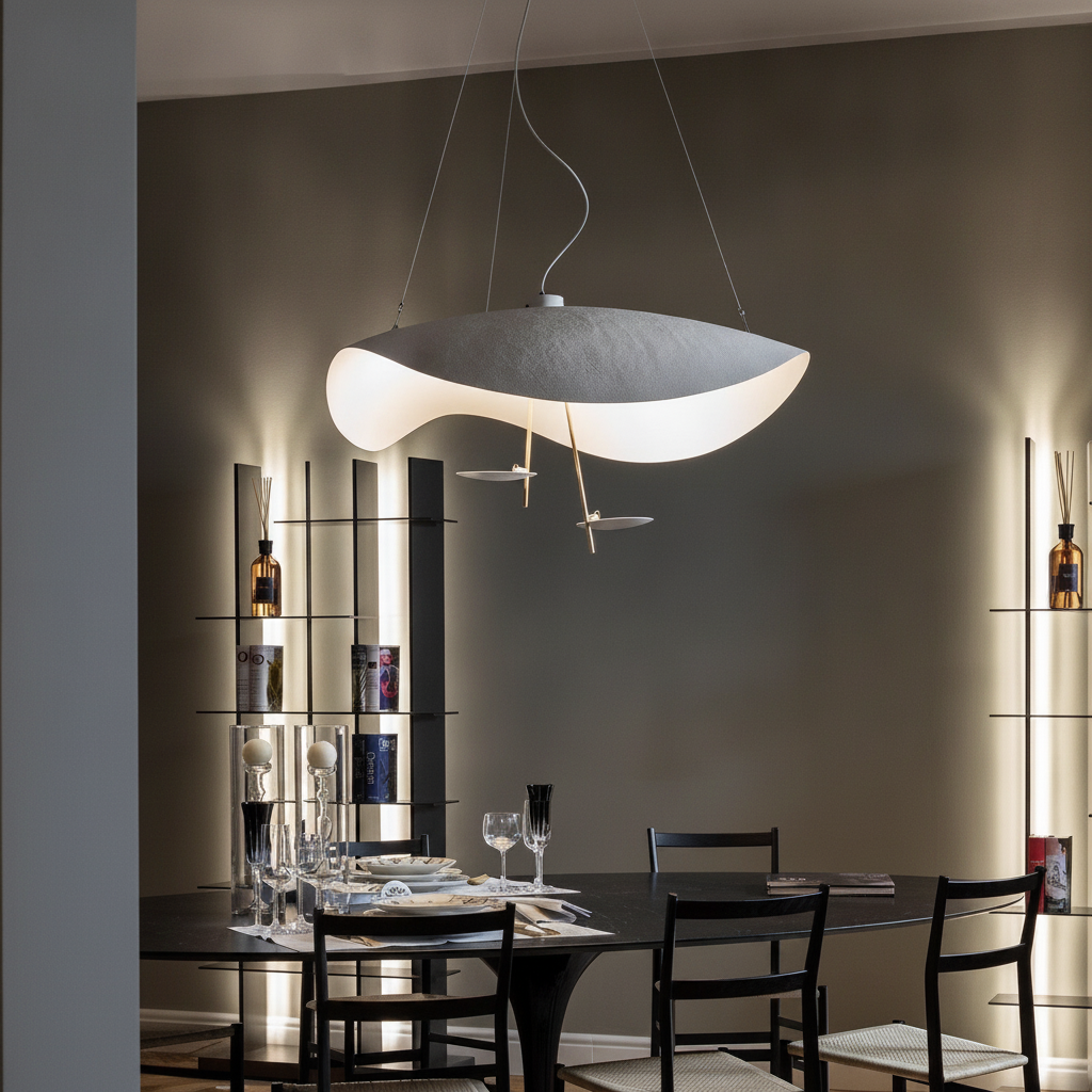 Disc pendant glowing softly above a modern dining table at dusk