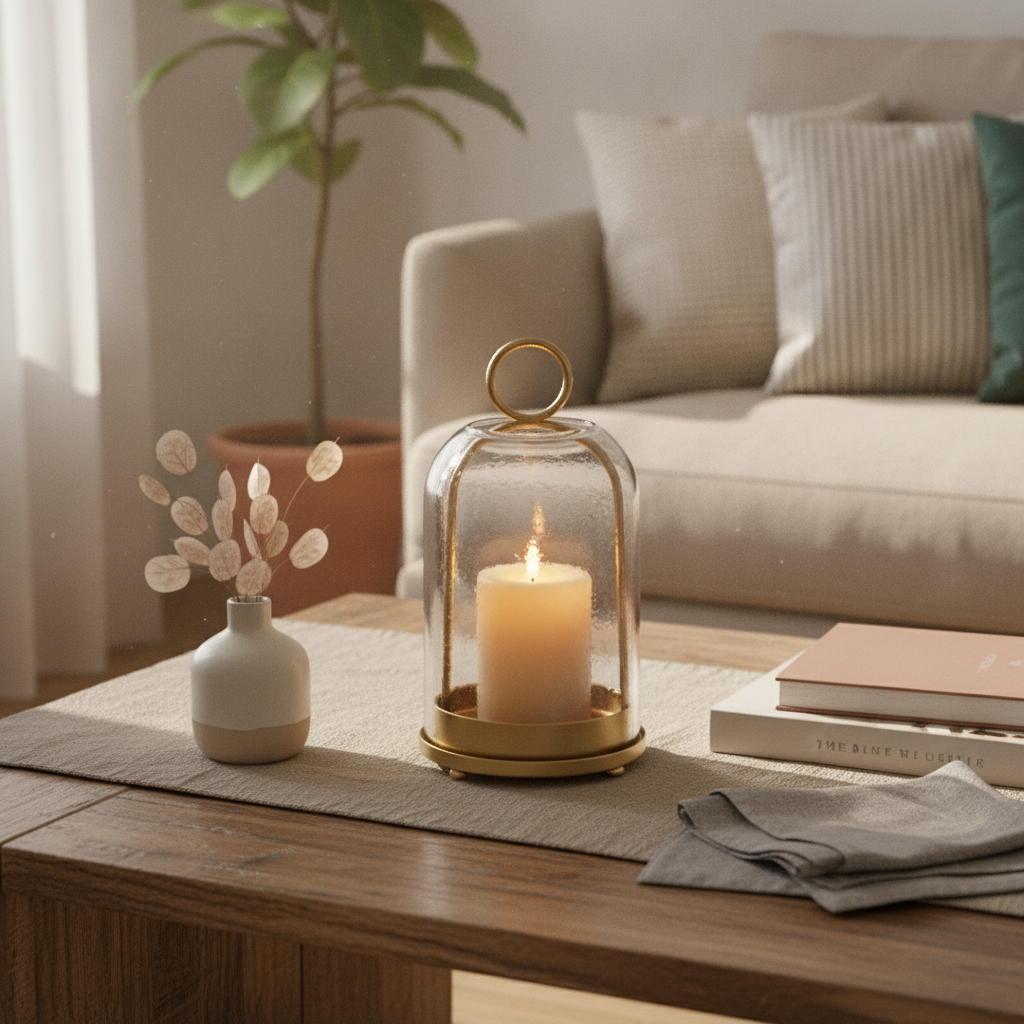 Styled console vignette with the glass cloche dome, a ceramic vase and design books