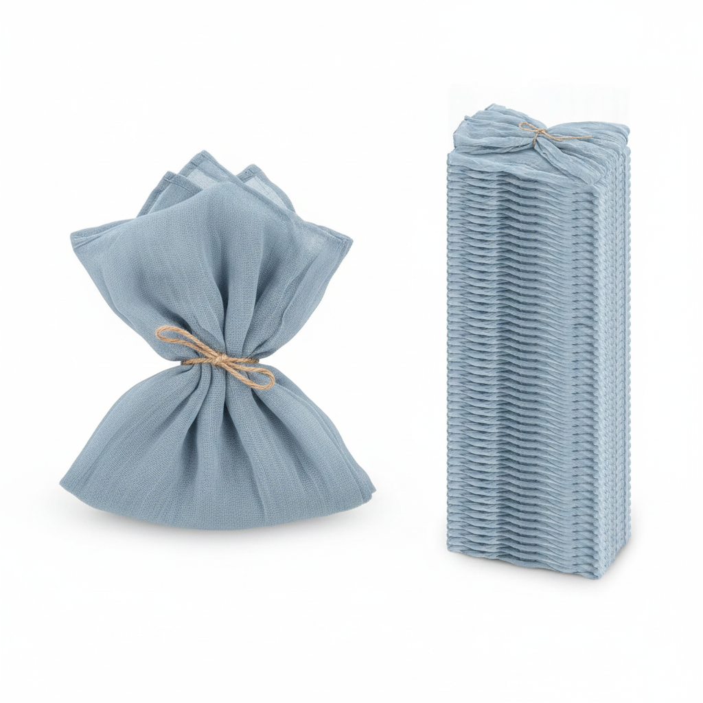 Dusty blue cheesecloth gauze napkins, set of 48, gathered bundle and stack on white
