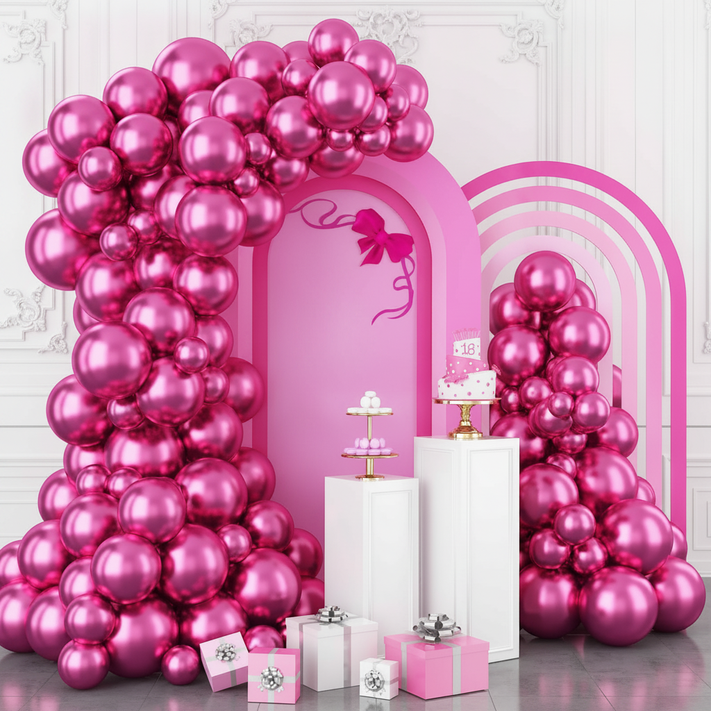Metallic fuchsia balloon garland arching over a glamorous birthday dessert table