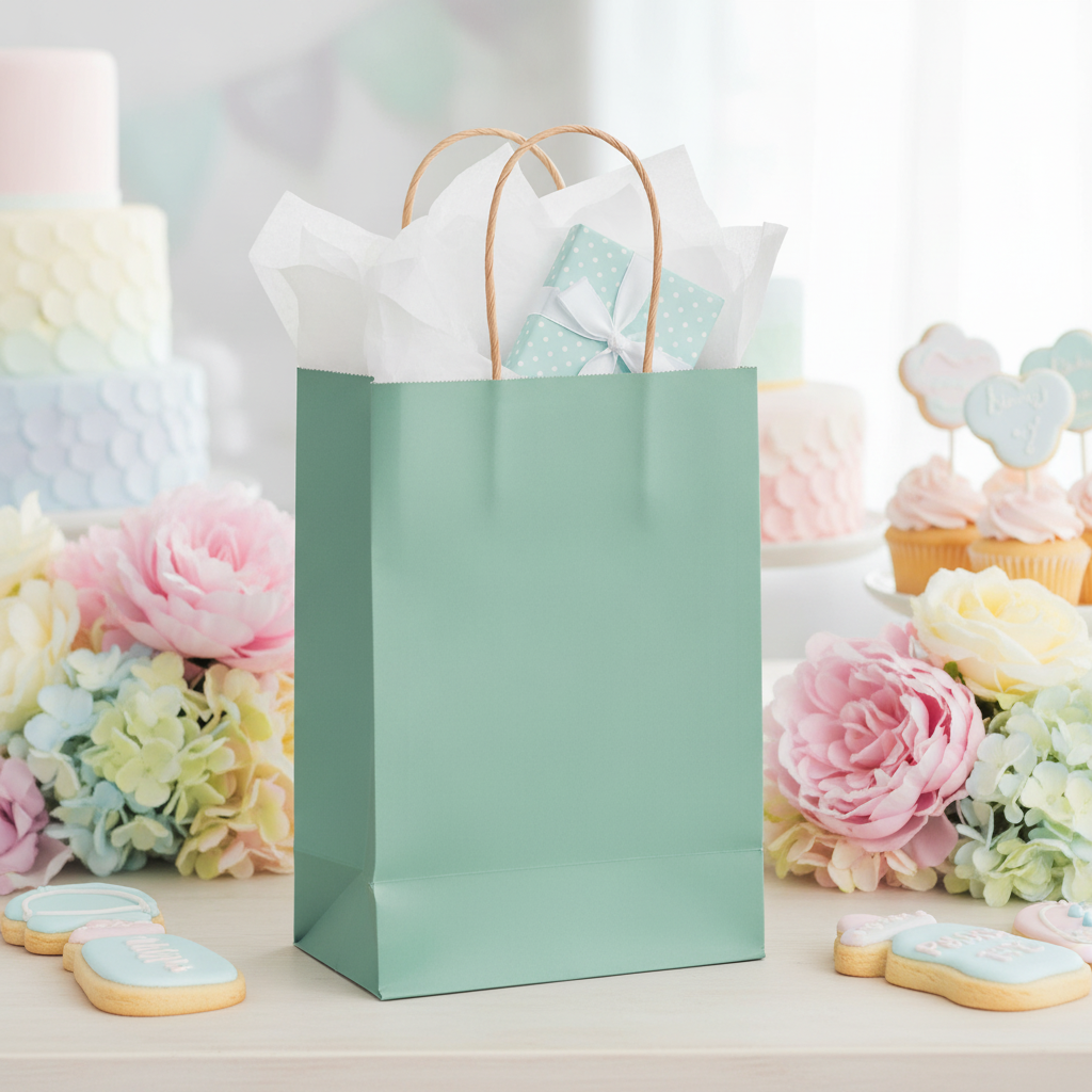 Seafoam green gift bag filled with tissue at a baby shower table
