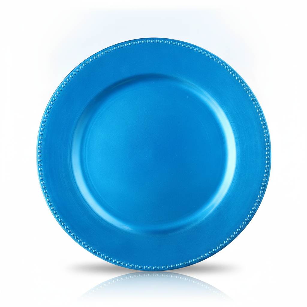 Single metallic royal-blue beaded-rim charger plate at an angle on a white background