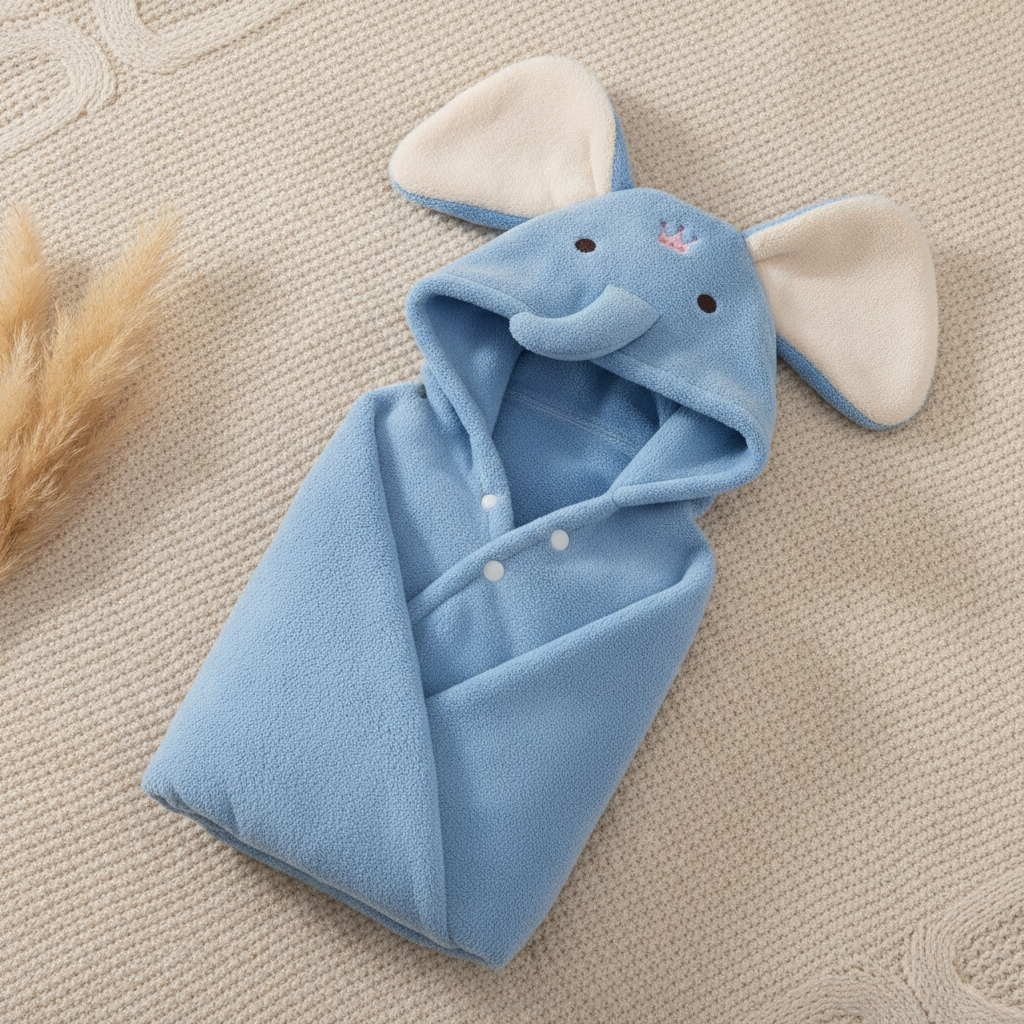 Blue elephant hooded baby bath towel on a knitted blanket — Maison's Kitchen