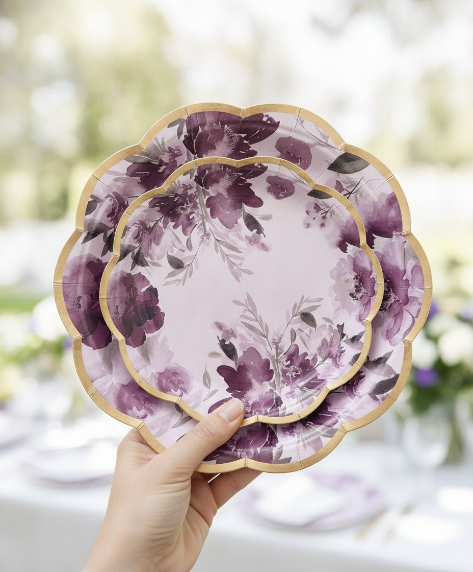 Two-size stack of purple floral disposable paper party plates held in hand at a garden party