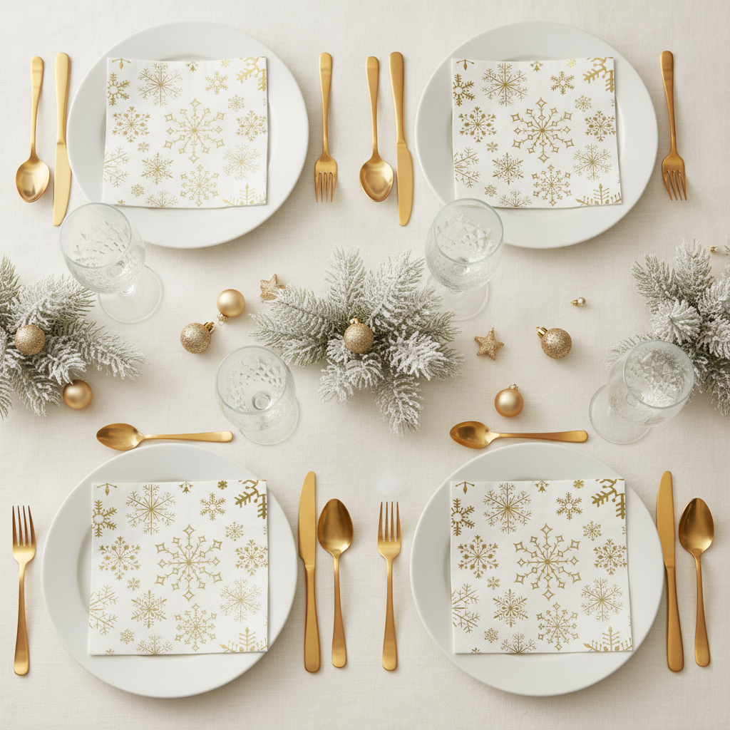 Gold and white snowflake Christmas cocktail napkins folded on white plates in an elegant holiday table setting with gold cutlery and crystal glassware