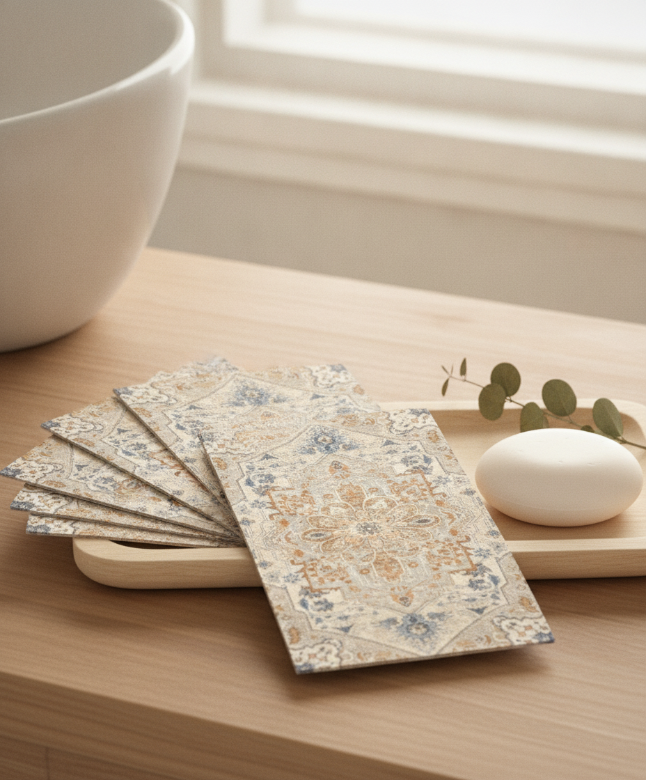 Rectangular boho paper guest hand towels stacked on a tray in a bathroom vignette