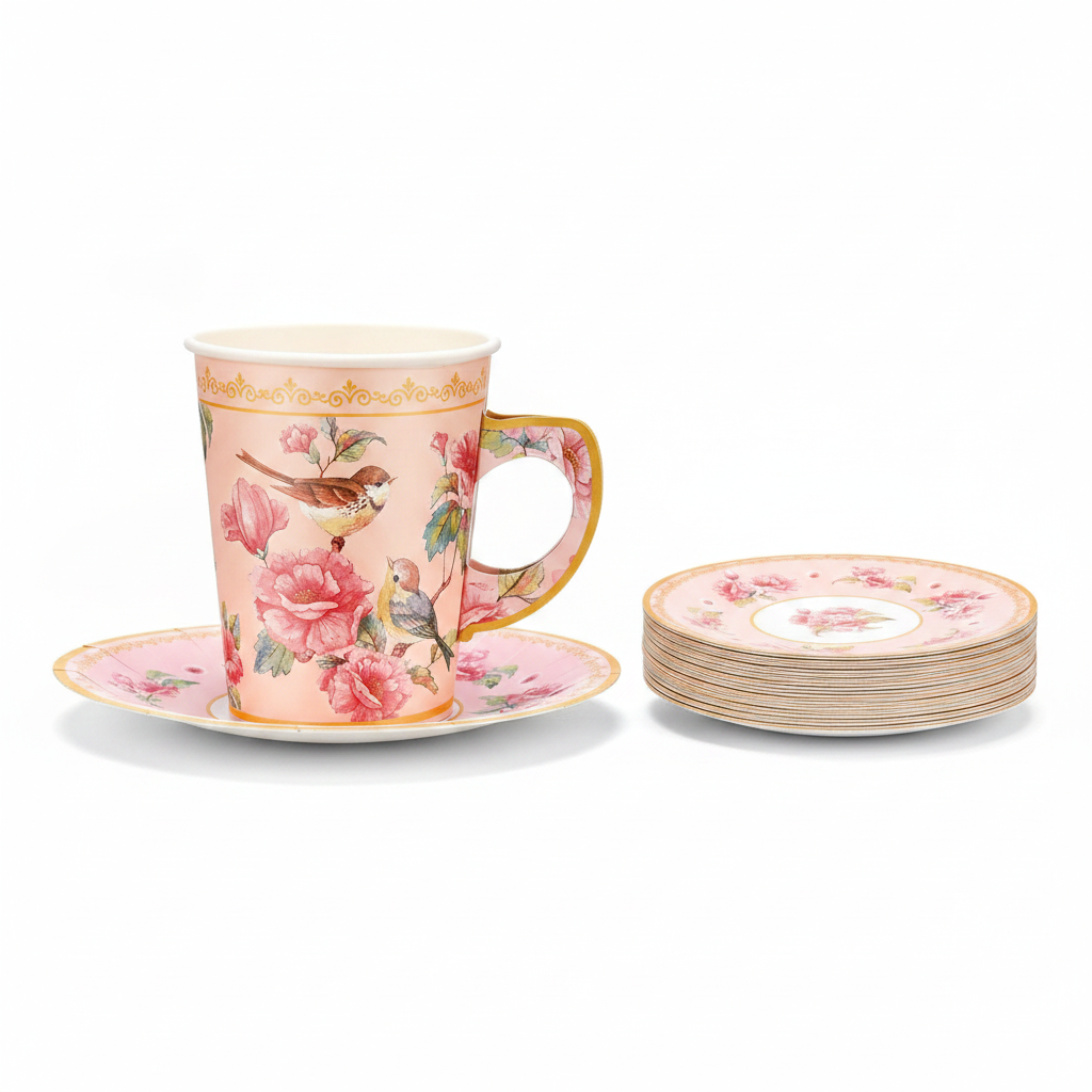 Blush pink bird and blossom floral paper tea cup with handle on matching saucer, disposable set