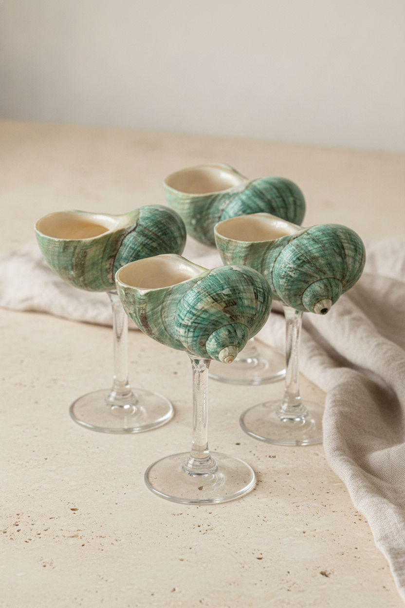 Set of 4 green turban-shell cocktail goblets grouped together on linen