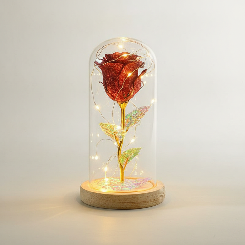 Eternal red galaxy rose in LED glass dome on wood base, white background