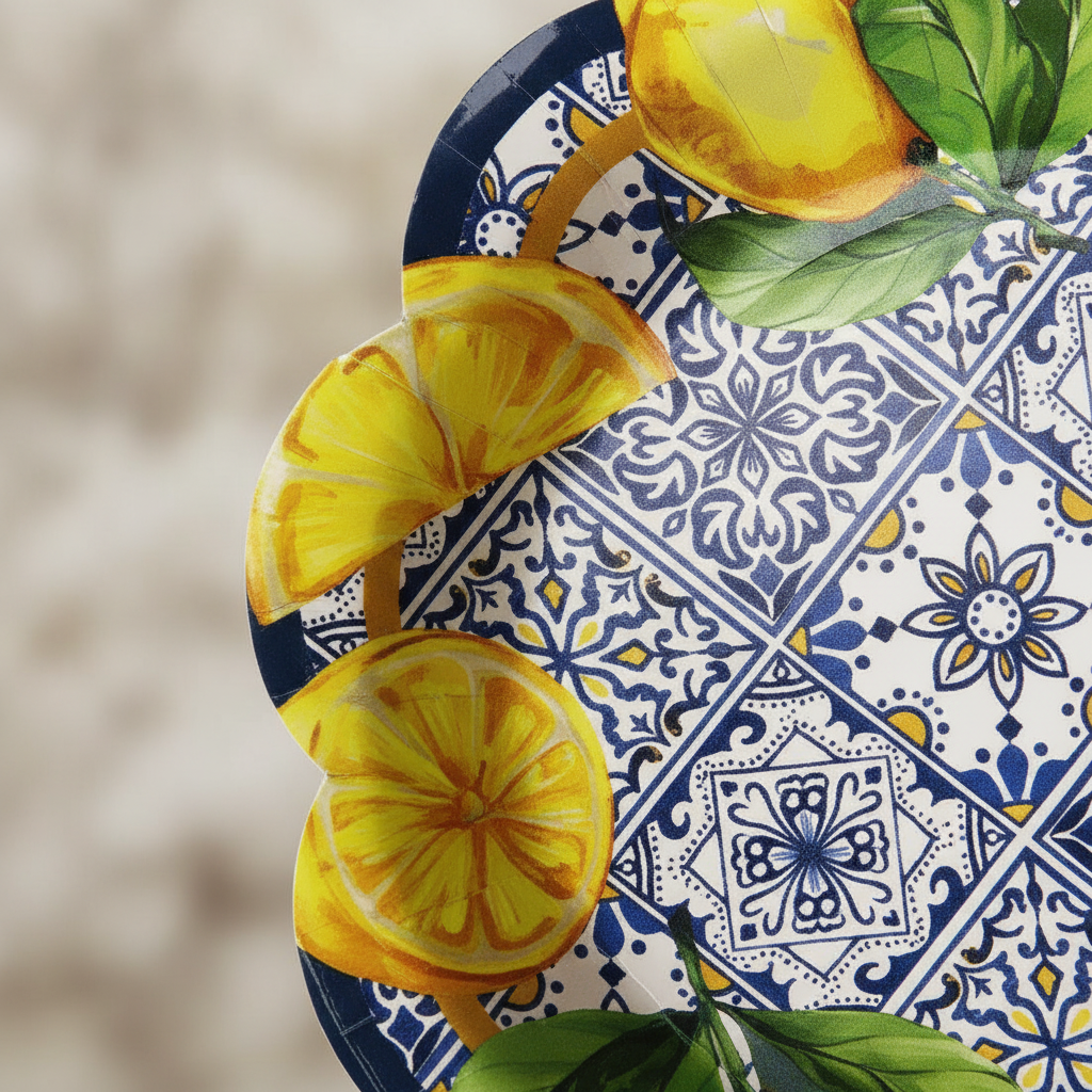 Macro detail of the yellow lemon and blue Mediterranean tile print on a scalloped paper plate rim
