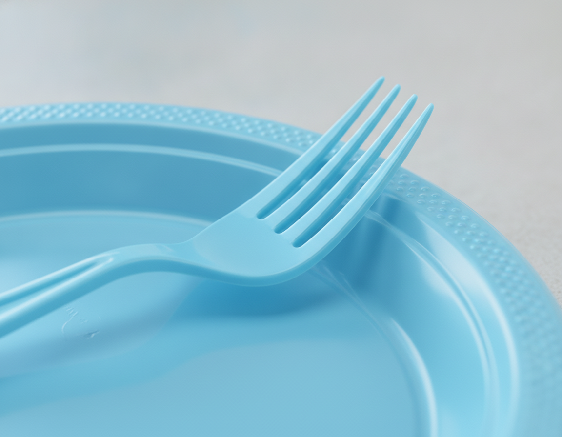 Macro close-up of glossy light blue plastic plate rim and fork