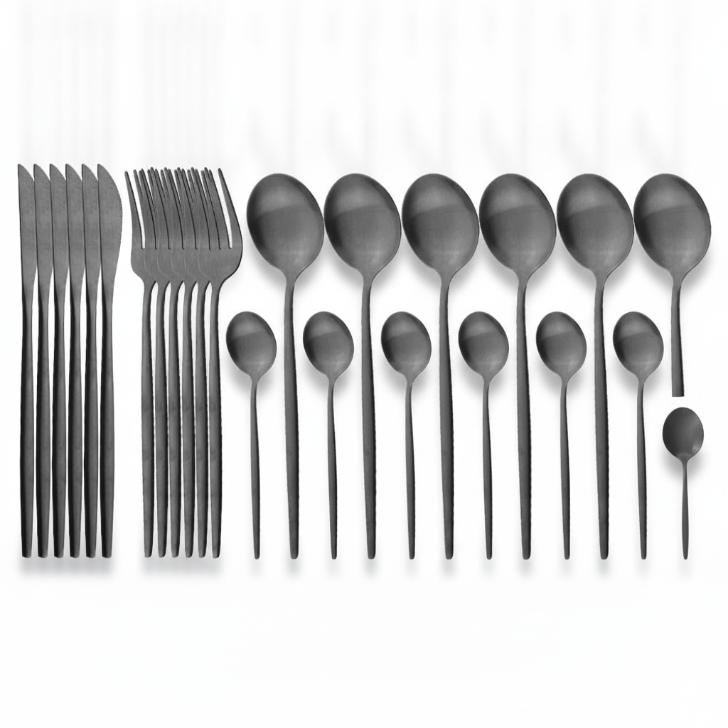 Matte black stainless steel dining set on white background
