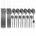 Matte black stainless steel dining set on white background
