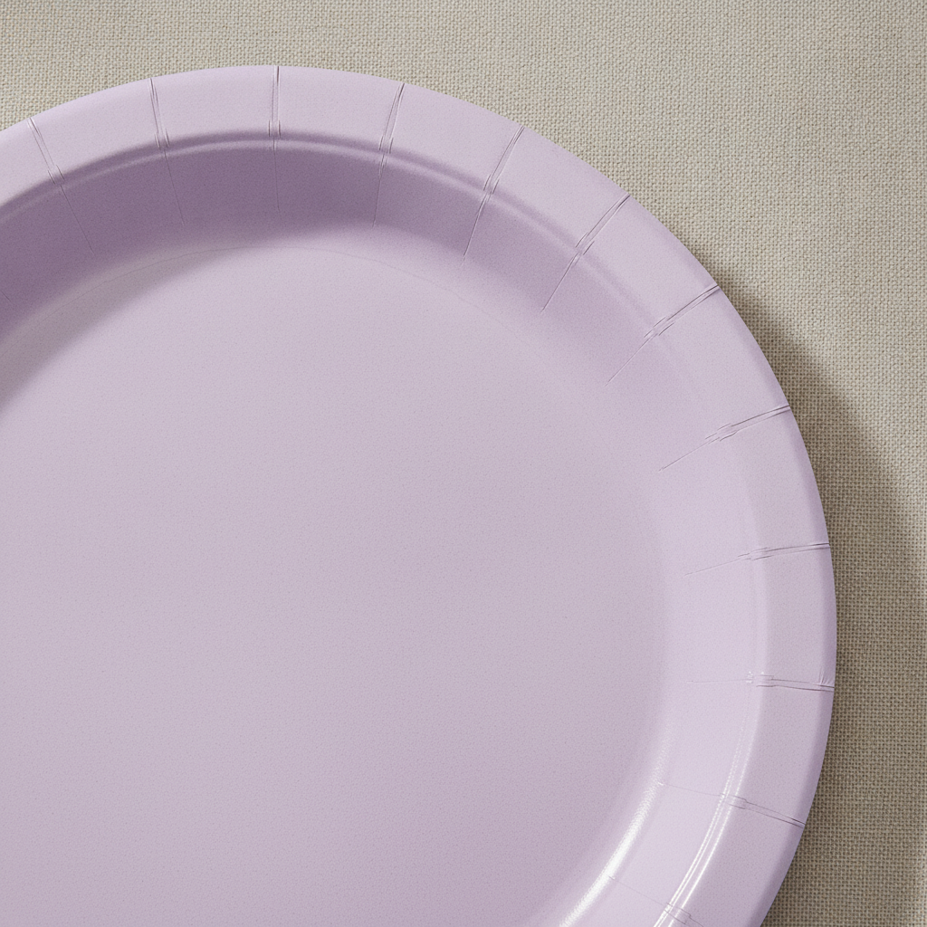 Macro detail of a lavender disposable paper plate showing matte paper and thin rim
