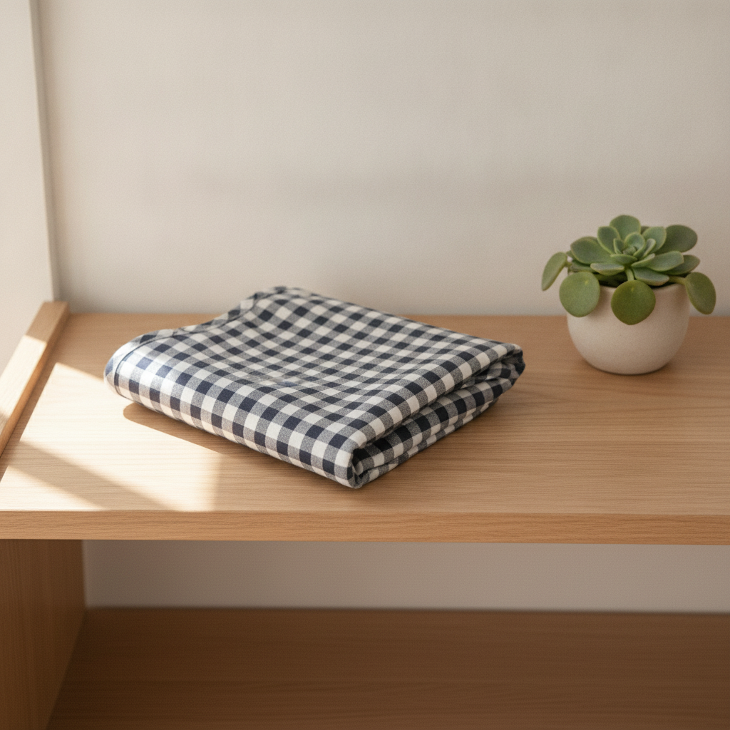 Folded gingham baby feeding smock on a nursery shelf — Maison's Kitchen
