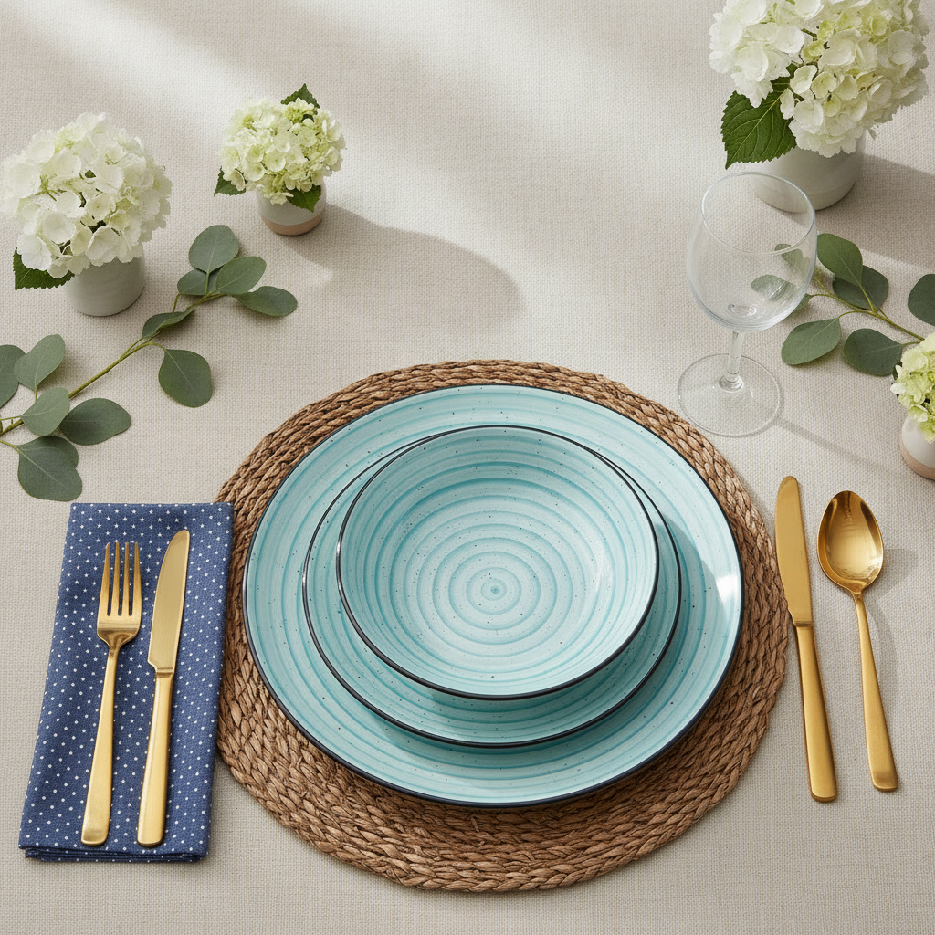 Blue spiral stoneware plate place setting with gold flatware and hydrangeas