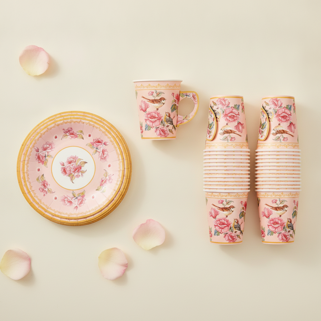 Flat lay of stacked blush bird and blossom paper saucers and paper tea cups
