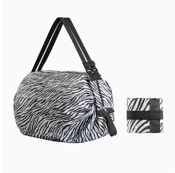 Foldable shopping tote in zebra print