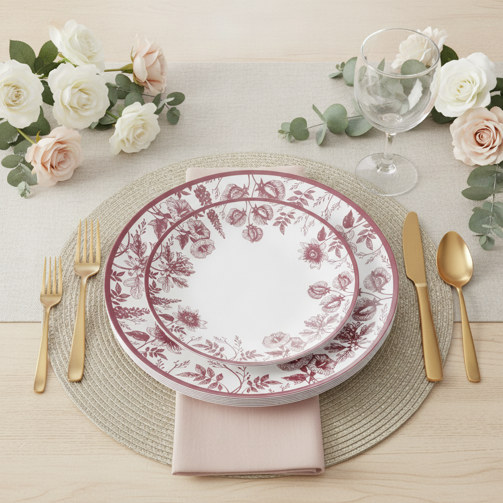 Pink floral disposable plastic plates place setting — white plates with pink floral toile border, gold flatware