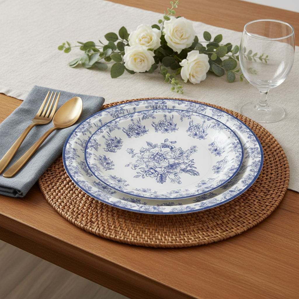 Blue and white chinoiserie floral disposable paper plates styled on a woven placemat with gold flatware