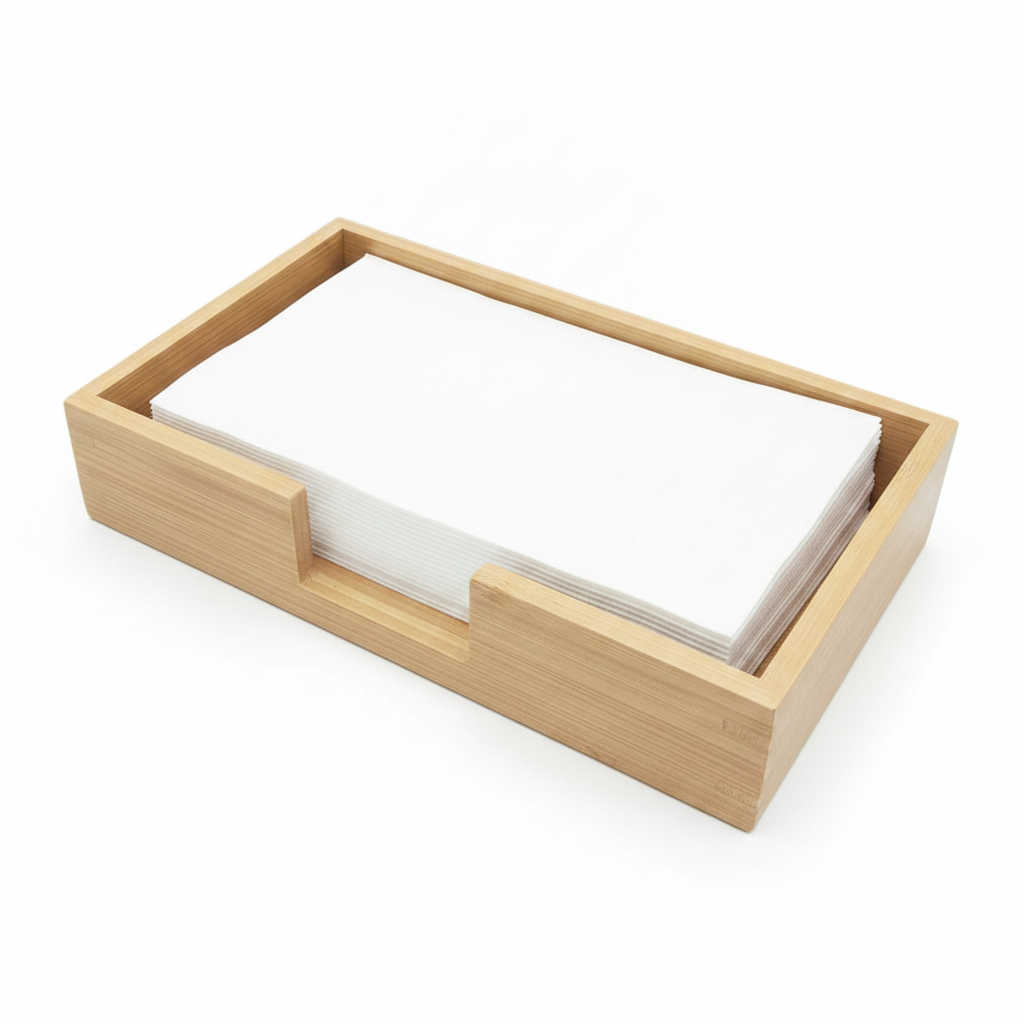 Natural light bamboo guest towel holder tray holding folded white napkins