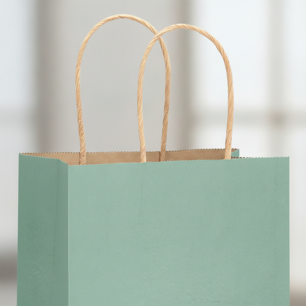 Macro close-up of seafoam green kraft gift bag twisted handles and paper