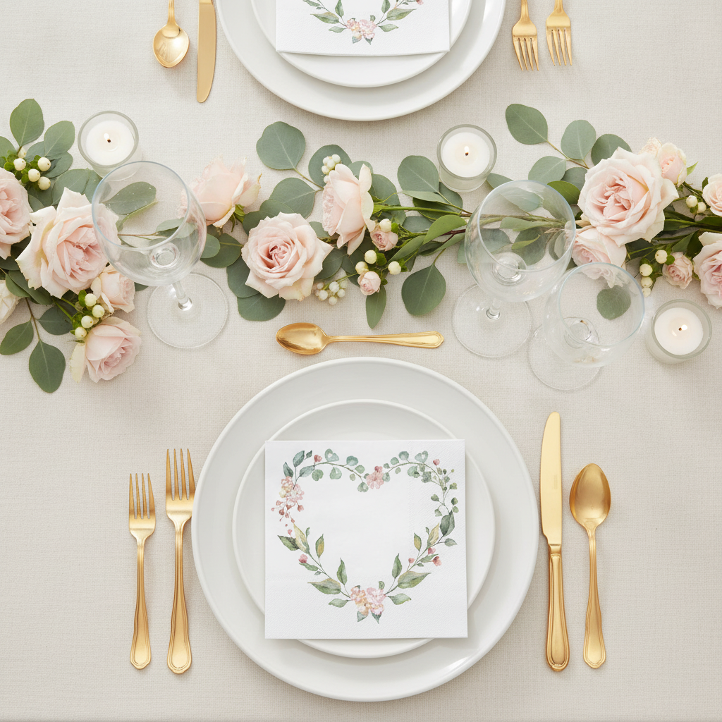 Elegant wedding tablescape flat-lay with floral botanical paper napkins and gold cutlery