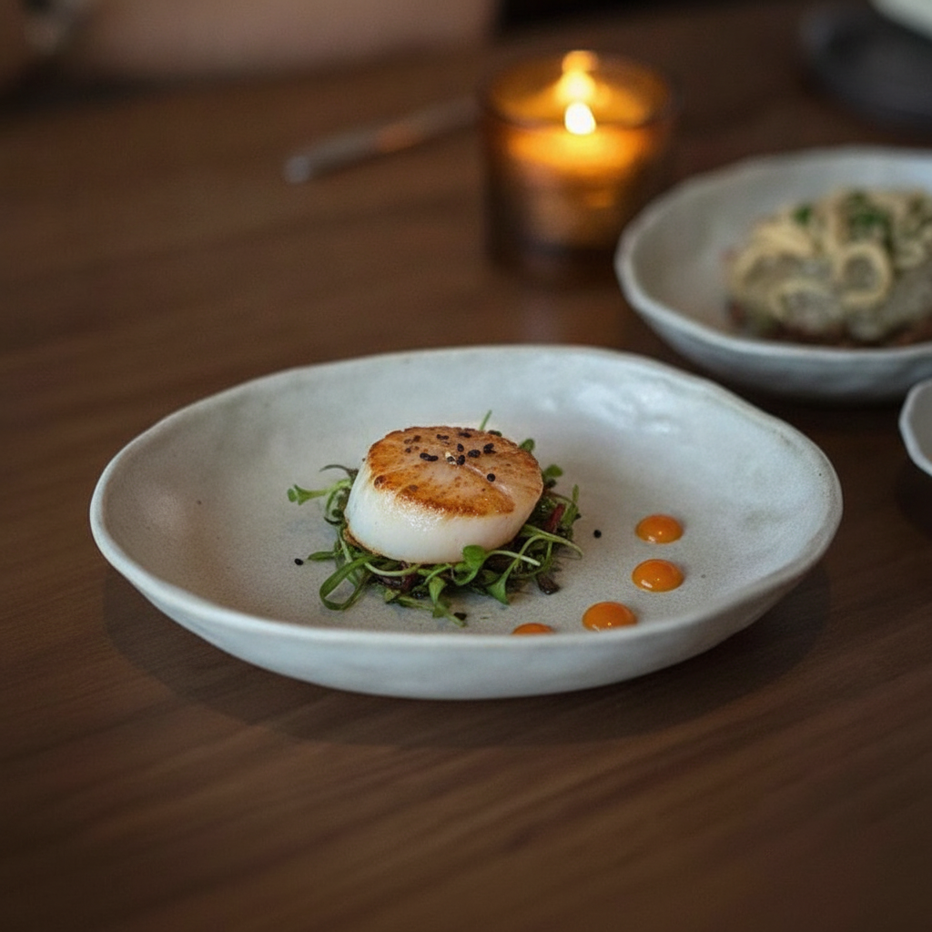 Irregular ceramic tasting plate holding a plated appetiser in a fine-dining setting