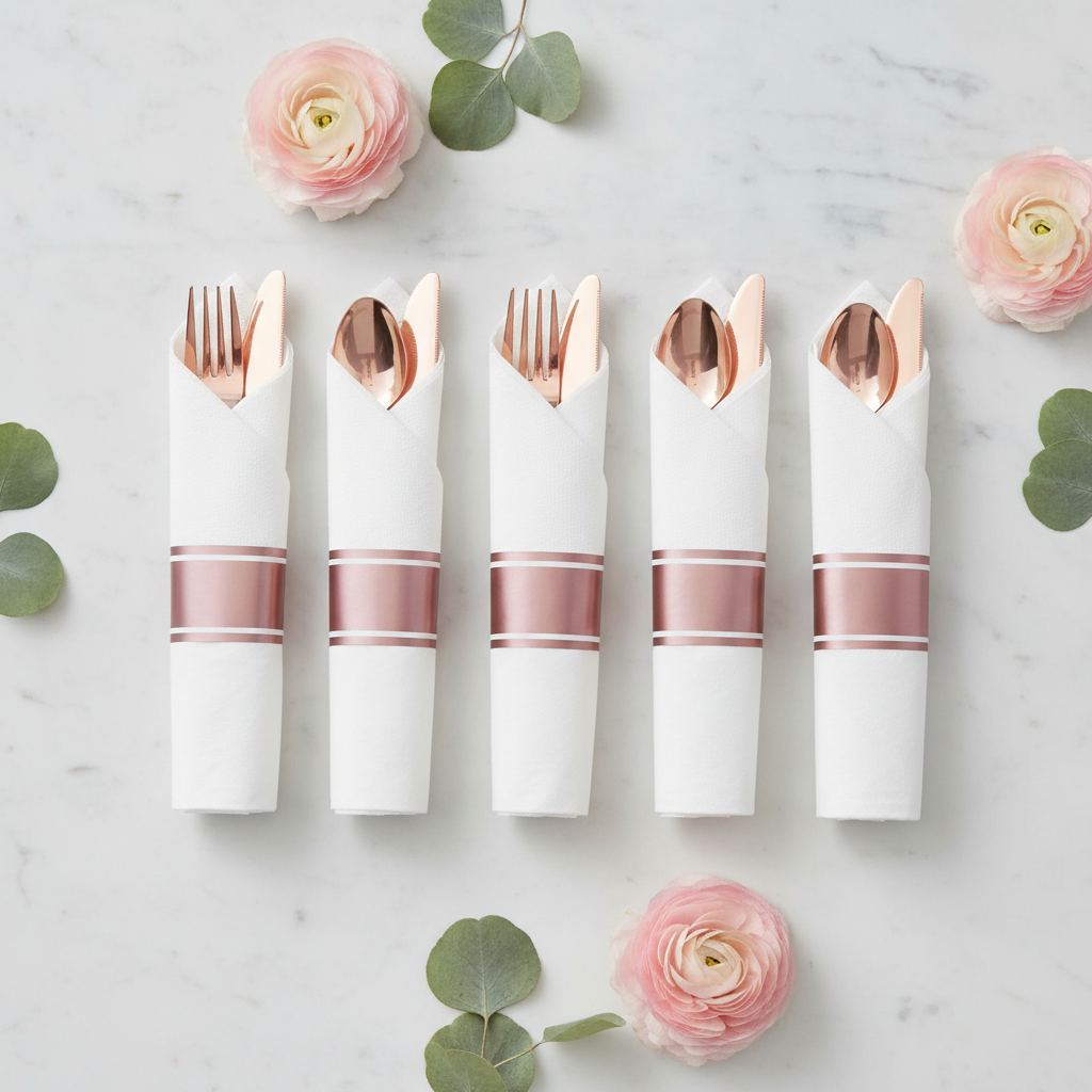 Overhead flat-lay row of rose-gold cutlery napkin bundles with eucalyptus and flowers