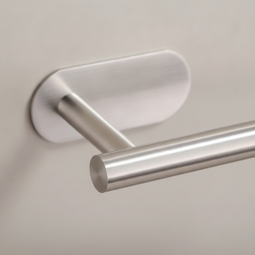 Close-up of oval adhesive plate and L-arm on brushed steel toilet roll holder