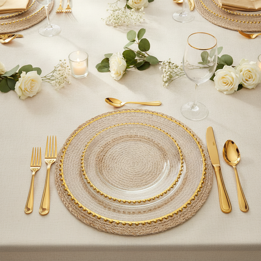 Clear acrylic charger plates with gold beaded rim in a modern elegant place setting with gold cutlery, goblet, candles and white roses