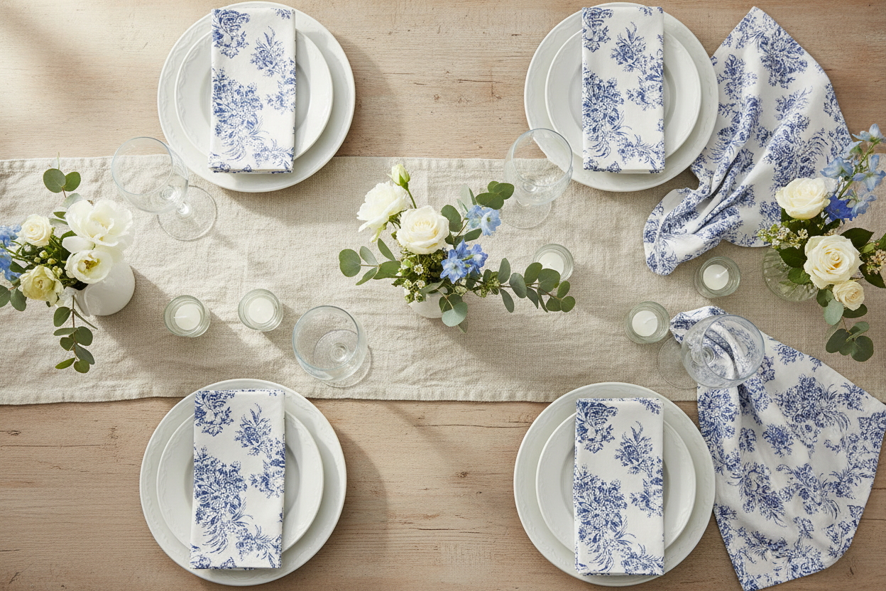 Blue toile cotton napkins styled on a country French tablescape