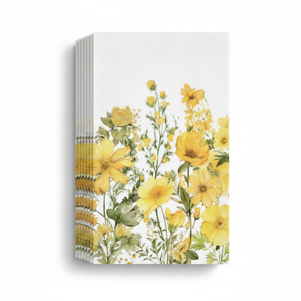 Fanned stack of yellow calliopsis wildflower paper guest napkins on white