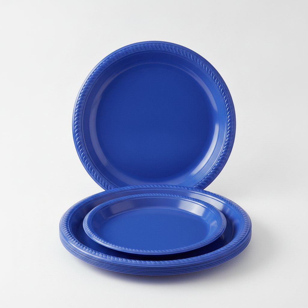 Stack of dark royal-blue disposable plastic dinner plates on white background