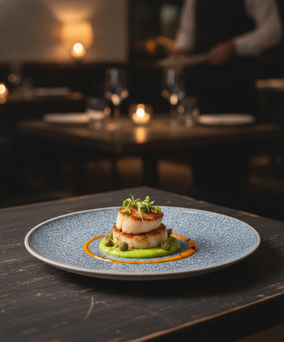 Angled close-up of the speckled porcelain plate with a plated appetizer in moody light