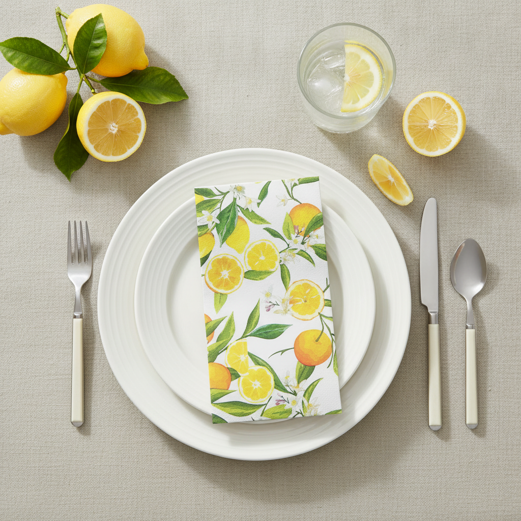 Summer place setting flat-lay with lemon print guest paper napkins and fresh lemons