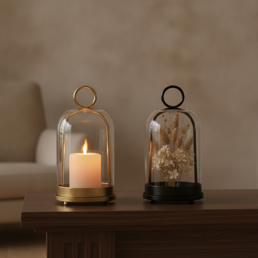 Gold-bronze and black glass cloche candle domes side by side on a dark wood mantel