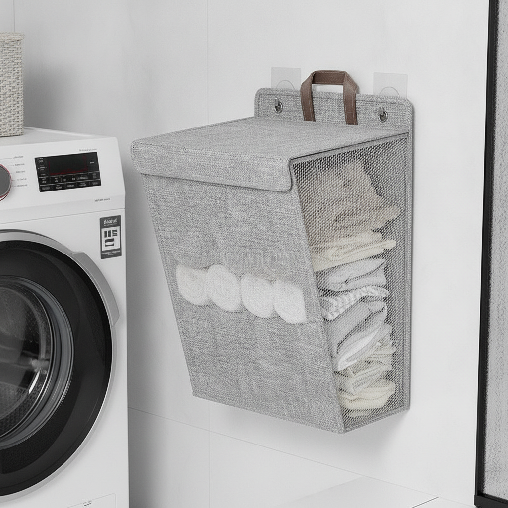 Wall-mounted gray storage organizer beside washing machine in modern laundry room