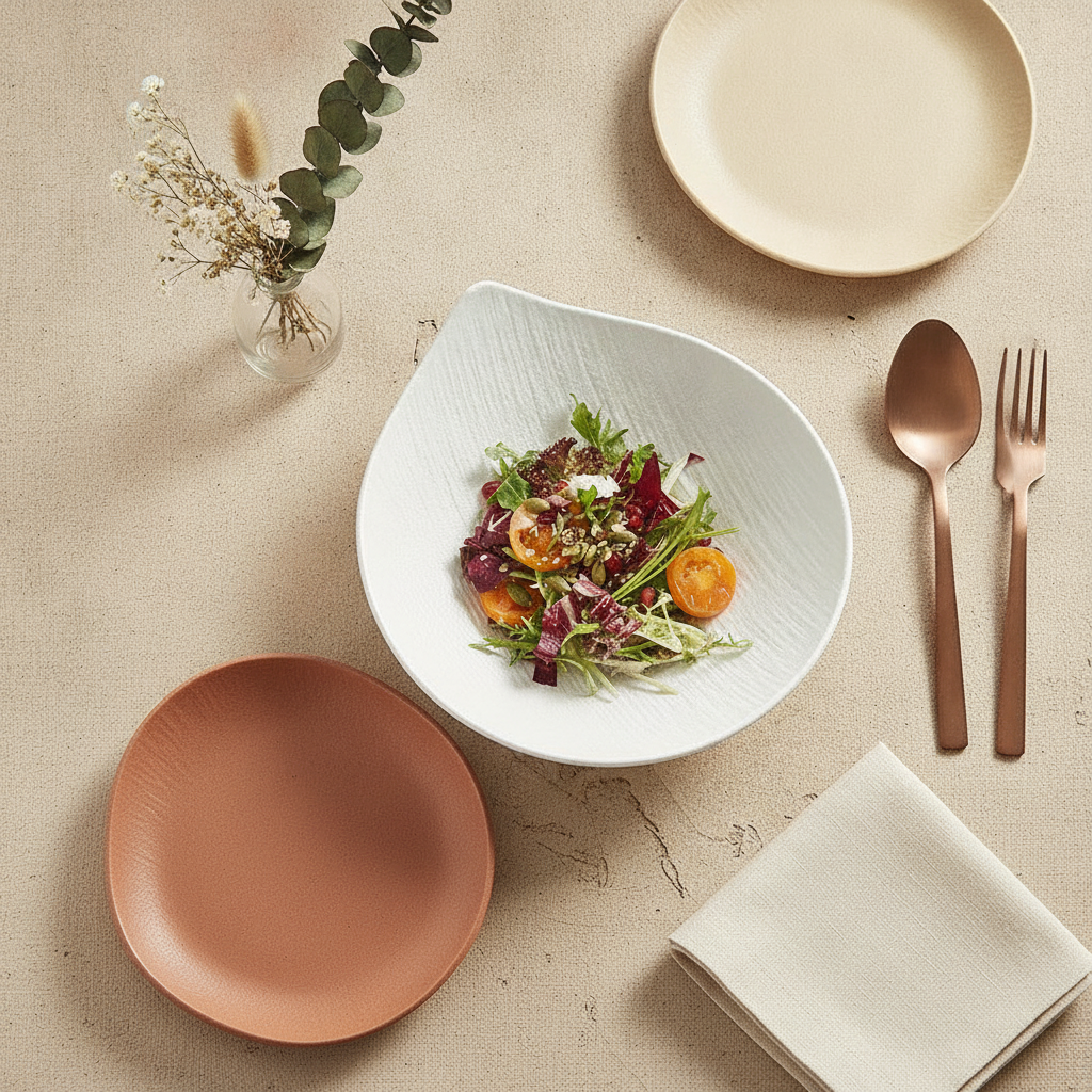 Styled European tablescape with the Petalo porcelain salad bowl as centerpiece