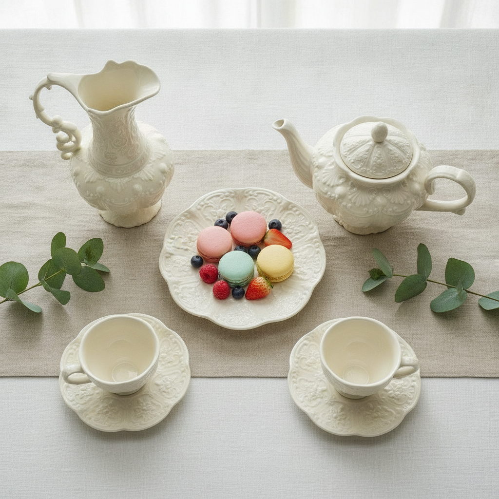 Overhead flat-lay of the Cortese ceramic afternoon tea set with macarons and berries